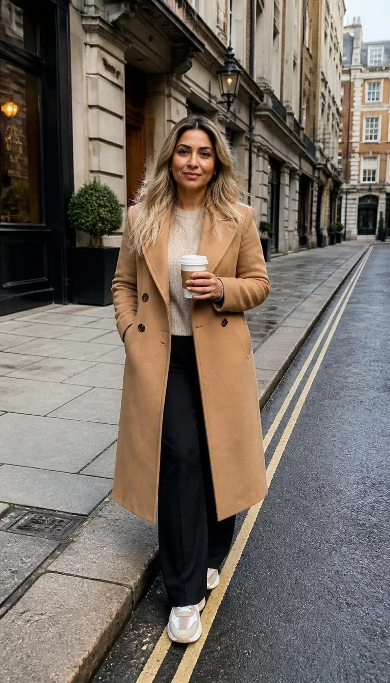 Camel and Grey Coats with Coffee A photorealistic full body shot of a 41-year-old South Asian woman with a square face, olive, straight nose, thin arched eyebrows, and wide lips. Her face features small scar on the eyebrow, faint under-eye shadows, and subtle natural facial asymmetry. She has deep-set blue eyes, rounded cheeks, neutral expression, playful. She is petite with blonde hair and is wearing a long camel coat, sweater, and dark trousers, standing on a sidewalk holding a paper coffee cup, no people in the background, high-quality mobile photography, shot on an iPhone 14.