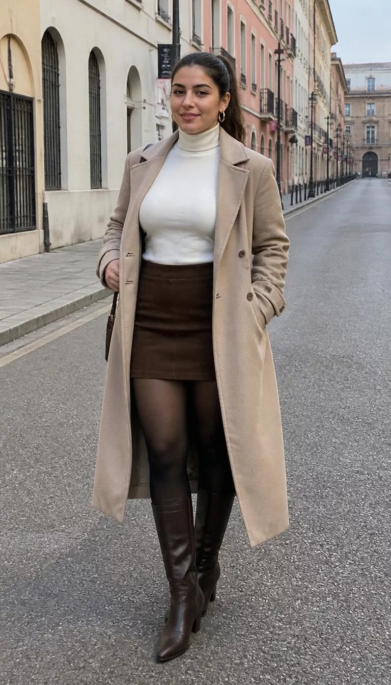 Long Beige Coat and Brown Mini Skirt A photorealistic full body shot of a 26-year-old Mediterranean woman with a round face, fair, button nose, feathered eyebrows, and heart-shaped lips. Her face features gap between front teeth, a few laugh lines, and subtle natural facial asymmetry. She has monolid dark brown eyes, high cheekbones, neutral expression, confident. She is curvy build with brown hair in a ponytail and is wearing a long beige coat, white turtleneck, brown mini skirt, black tights, and dark brown boots, on a street, no people in the background, high-quality mobile photography, shot on an iPhone 14.