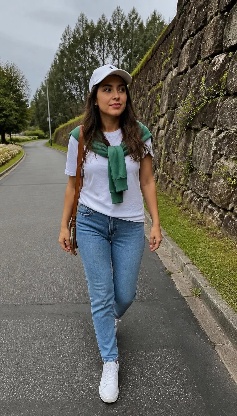White Tee and Jeans with Draped Green Sweater A photorealistic full body shot of a 32-year-old Latina woman with a oval face, tan, broad nose, thin arched eyebrows, and heart-shaped lips. Her face features slightly crooked smile, faint under-eye shadows, and subtle natural facial asymmetry. She has deep-set dark brown eyes, soft cheekbones, neutral expression, cheerful. She is slim with long brown hair wearing a white baseball cap and is wearing a green sweater draped over her shoulders, white t-shirt, blue jeans, and white sneakers, walks on a paved path, no people in the background, high-quality mobile photography, shot on an iPhone 14.
