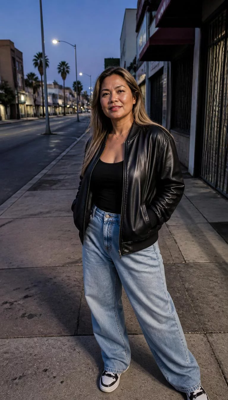 Black Leather Bomber and Baggy Jeans at Twilight A photorealistic full body shot of a 48-year-old Southeast Asian woman with a heart-shaped face, deep brown, rounded nose, thick natural eyebrows, and heart-shaped lips. Her face features widow's peak hairline, visible pores, and subtle natural facial asymmetry. She has almond-shaped brown eyes, rounded cheeks, closed-mouth smile, thoughtful. She is athletic build with long blonde hair and is wearing a black tank top, black leather bomber jacket, light wash baggy jeans, standing on a city street at twilight, no people in the background, high-quality mobile photography, shot on an iPhone 14.