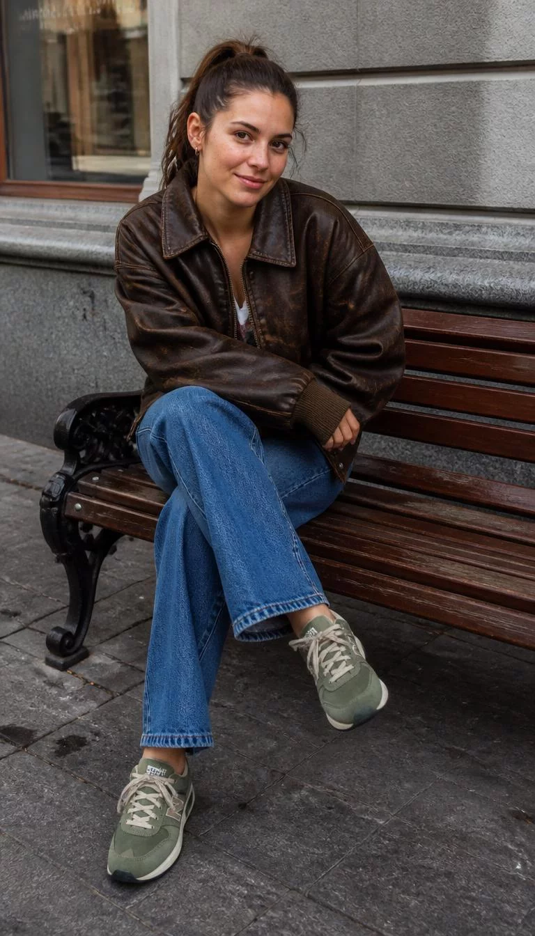 Vintage Brown Leather Bomber and Blue Jeans A photorealistic full body shot of a 26-year-old Eastern European woman with a square face, deep brown, upturned nose, straight eyebrows, and full lips. Her face features gap between front teeth, light freckles, and subtle natural facial asymmetry. She has downturned amber eyes, pronounced cheekbones, subtle smile, playful. She is athletic build with brown hair in a high ponytail and is wearing a vintage brown leather bomber jacket, blue jeans, and green sneakers, sitting on a bench on a busy city sidewalk, no people in the background, high-quality mobile photography, shot on an iPhone 14.
