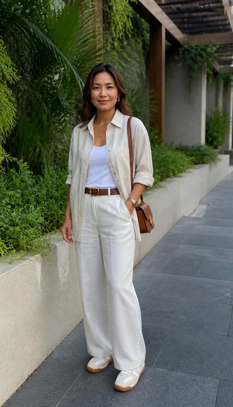 Neutral Linen Shirt and Cream Trousers A photorealistic full body shot of a 43-year-old Southeast Asian woman with a diamond face, dark brown, broad nose, straight eyebrows, and thin lips. Her face features beauty mark near the lip, subtle acne marks, and subtle natural facial asymmetry. She has monolid amber eyes, pronounced cheekbones, closed-mouth smile, relaxed. She is slim with brown hair and is wearing a linen shirt, white tank top, cream trousers, a leather belt, brown bag, and casual sneakers with gold accessories, no people in the background, high-quality mobile photography, shot on an iPhone 14.
