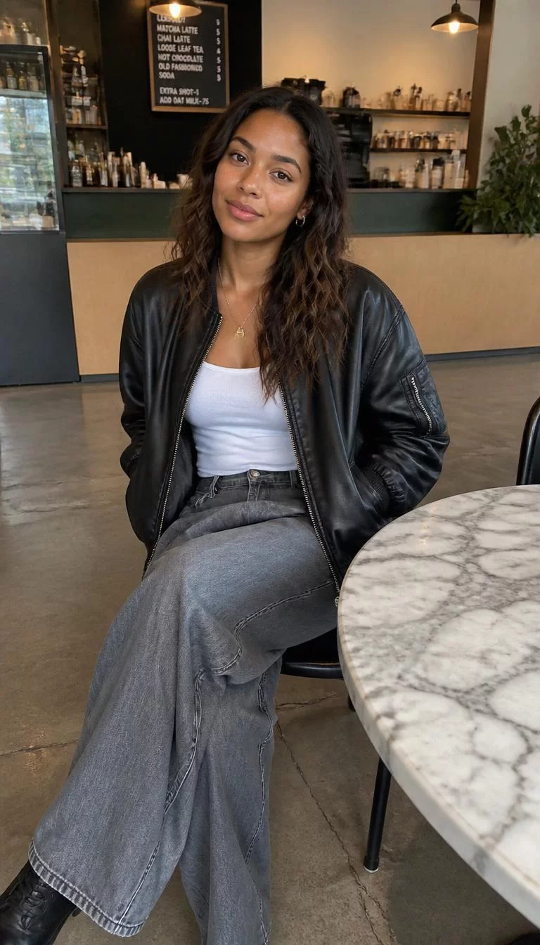 Black Leather Bomber and Grey Relaxed Jeans A photorealistic full body shot of a 31-year-old Afro-Caribbean woman with a heart-shaped face, light, broad nose, thick natural eyebrows, and wide lips. Her face features faint freckles across the nose, light freckles, and subtle natural facial asymmetry. She has deep-set gray eyes, soft cheekbones, closed-mouth smile, playful. She is average build with long wavy brunette hair and is wearing a black leather bomber jacket, white tank top, and grey relaxed-fit jeans, sitting at a marble table in a café, no people in the background, high-quality mobile photography, shot on an iPhone 14.