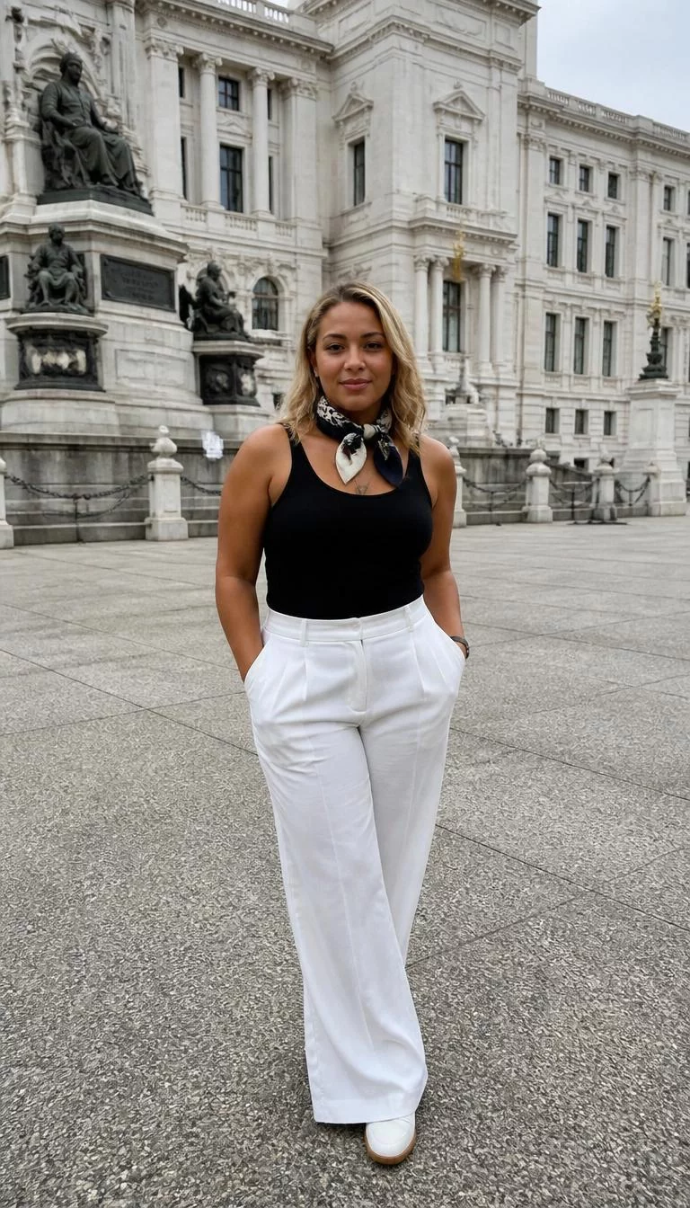 Black Tank Top And White Trousers With Neck Scarf A photorealistic full body shot of a 32-year-old Mixed-race woman with a round face, deep brown, straight nose, softly curved eyebrows, and heart-shaped lips. Her face features uneven eyebrows, light freckles, and subtle natural facial asymmetry. She has almond-shaped blue eyes, soft cheekbones, neutral expression, cheerful. She is curvy build with blonde hair hair and is wearing a black tank top, white trousers, and a black and white neck scarf, grand white building and a statue background, no people in the background, high-quality mobile photography, shot on an iPhone 14.