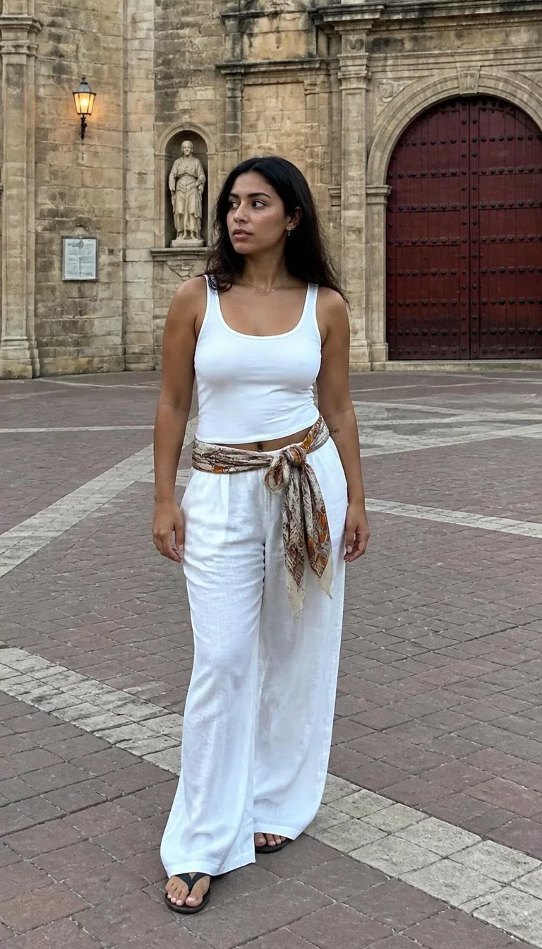 White Tank Top With Waist Scarf And Linen Pants A photorealistic full body shot of a 23-year-old South Asian woman with a diamond face, tan, broad nose, thick natural eyebrows, and full lips. Her face features widow's peak hairline, slightly flushed cheeks, and subtle natural facial asymmetry. She has almond-shaped amber eyes, pronounced cheekbones, neutral expression, thoughtful. She is average build with dark brown loose hair hair and is wearing a simple white tank top with a printed scarf tied at the waist and white wide-leg linen pants, historic plaza background, no people in the background, high-quality mobile photography, shot on an iPhone 14.