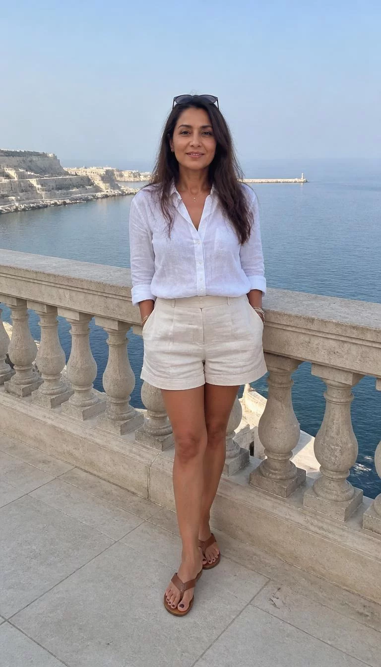 White Linen Button Down And Beige Shorts A photorealistic full body shot of a 45-year-old South Asian woman with a diamond face, tan, aquiline nose, thick natural eyebrows, and full lips. Her face features slightly crooked smile, faint under-eye shadows, and subtle natural facial asymmetry. She has round blue eyes, soft cheekbones, neutral expression, cheerful. She is petite with brown long hair hair and is wearing a white linen button-down shirt tucked into beige shorts, stone terrace overlooking a coastal harbor background, no people in the background, high-quality mobile photography, shot on an iPhone 14.