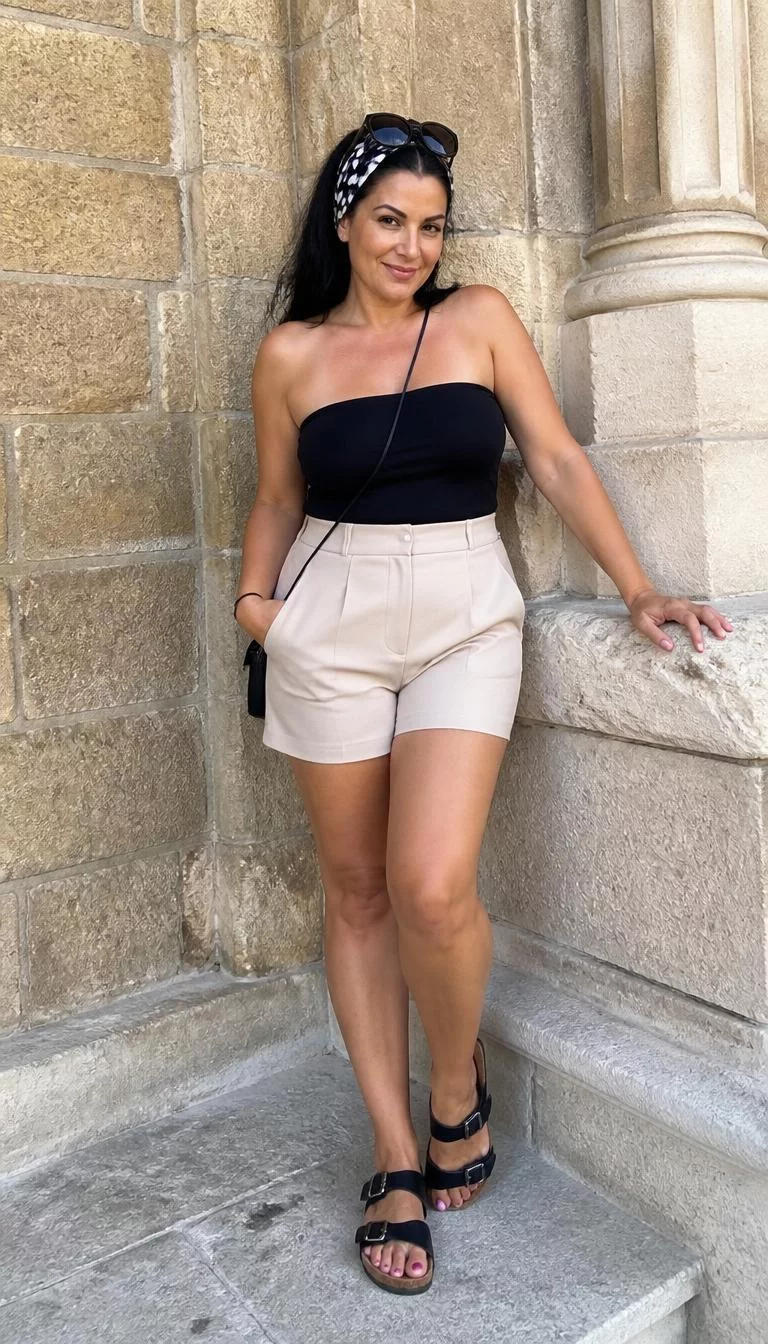 Black Tube Top And Beige Tailored Shorts A photorealistic full body shot of a 49-year-old Eastern European woman with a pear-shaped face, olive, button nose, feathered eyebrows, and heart-shaped lips. Her face features small scar on the eyebrow, subtle acne marks, and subtle natural facial asymmetry. She has deep-set amber eyes, soft cheekbones, subtle smile, playful. She is curvy build with dark hair styled with a black and white polka dot headscarf and sunglasses hair and is wearing a black tube top and beige tailored shorts, stone building background, no people in the background, high-quality mobile photography, shot on an iPhone 14.