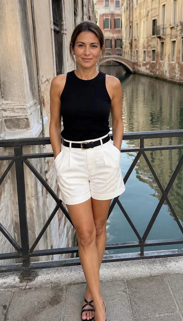Black Sleeveless Top And White Tailored Shorts A photorealistic full body shot of a 37-year-old Mediterranean woman with a oval face, dark brown, straight nose, thin arched eyebrows, and full lips. Her face features slightly crooked smile, light freckles, and subtle natural facial asymmetry. She has round amber eyes, high cheekbones, broad smile, relaxed. She is petite with brown hair tied back hair and is wearing a black sleeveless top, white tailored shorts, and a black belt, standing on a bridge near a canal, no people in the background, high-quality mobile photography, shot on an iPhone 14.