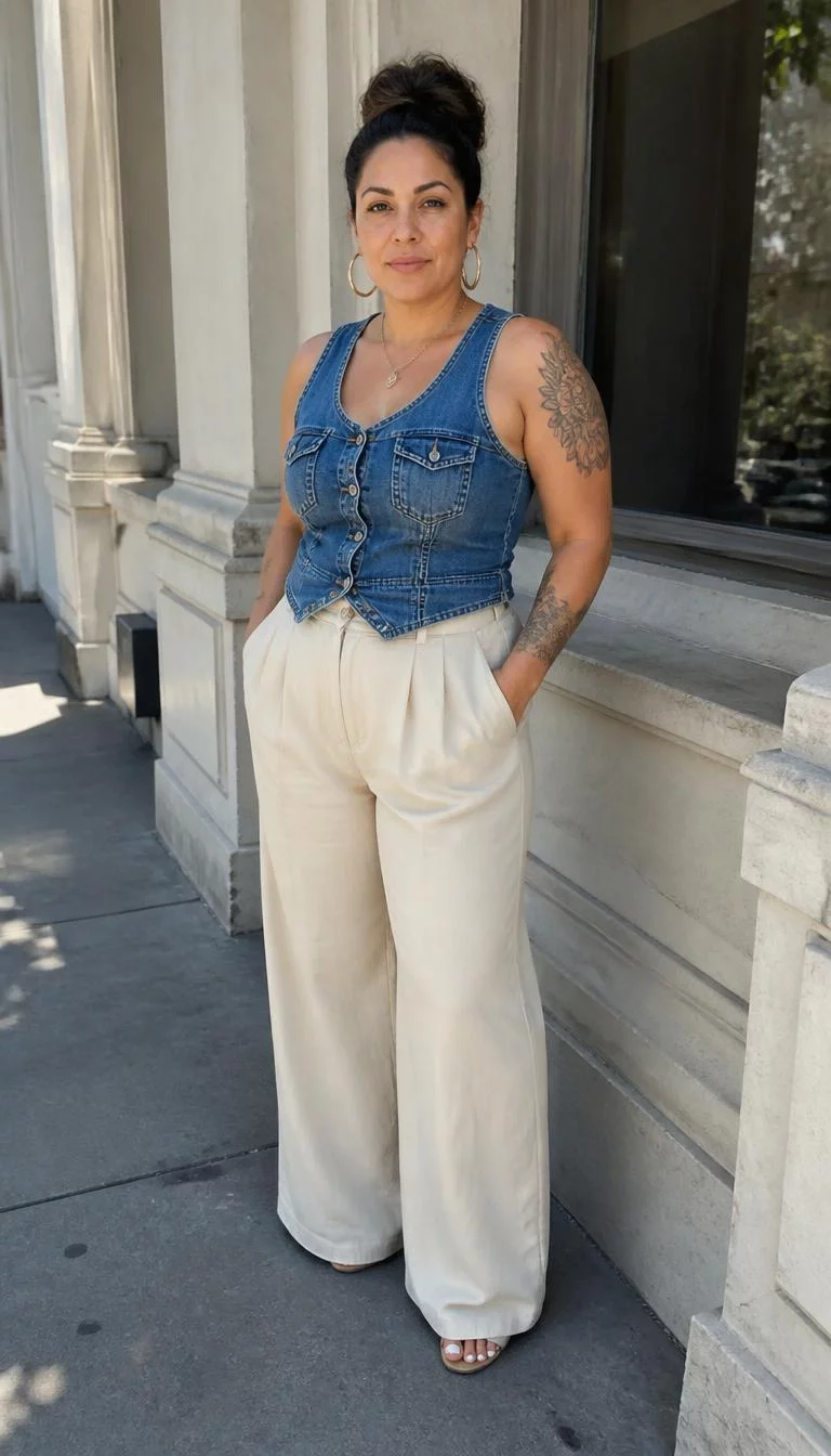 Denim Vest And Cream Wide Leg Trousers A photorealistic full body shot of a 38-year-old Latina woman with a heart-shaped face, olive, rounded nose, thin arched eyebrows, and wide lips. Her face features small scar on the eyebrow, light freckles, and subtle natural facial asymmetry. She has round amber eyes, soft cheekbones, neutral expression, cheerful. She is curvy build with dark hair in an updo hair and is wearing a denim vest and cream-colored wide-leg trousers, outdoors next to a building with windows and stone architectural details, no people in the background, high-quality mobile photography, shot on an iPhone 14.