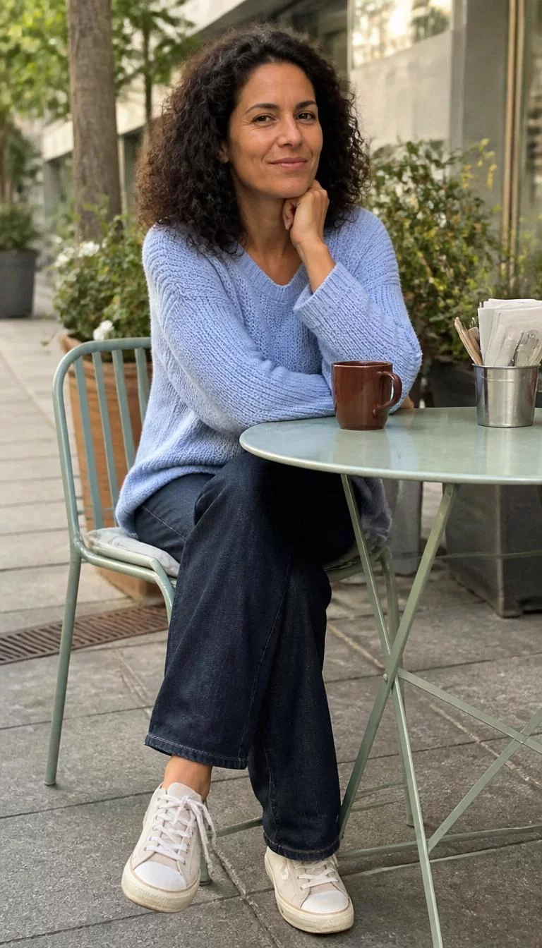 Blue Knitted Sweater And Dark Jeans A photorealistic full body shot of a 41-year-old Southern European woman with a pear-shaped face, olive, broad nose, softly curved eyebrows, and heart-shaped lips. Her face features small scar on the eyebrow, subtle acne marks, and subtle natural facial asymmetry. She has hooded amber eyes, pronounced cheekbones, closed-mouth smile, relaxed. She is average build with brown curly hair hair and is wearing a light blue knitted sweater, dark jeans, and sneakers, sitting at a cafe table outdoors with a coffee mug, no people in the background, high-quality mobile photography, shot on an iPhone 14.