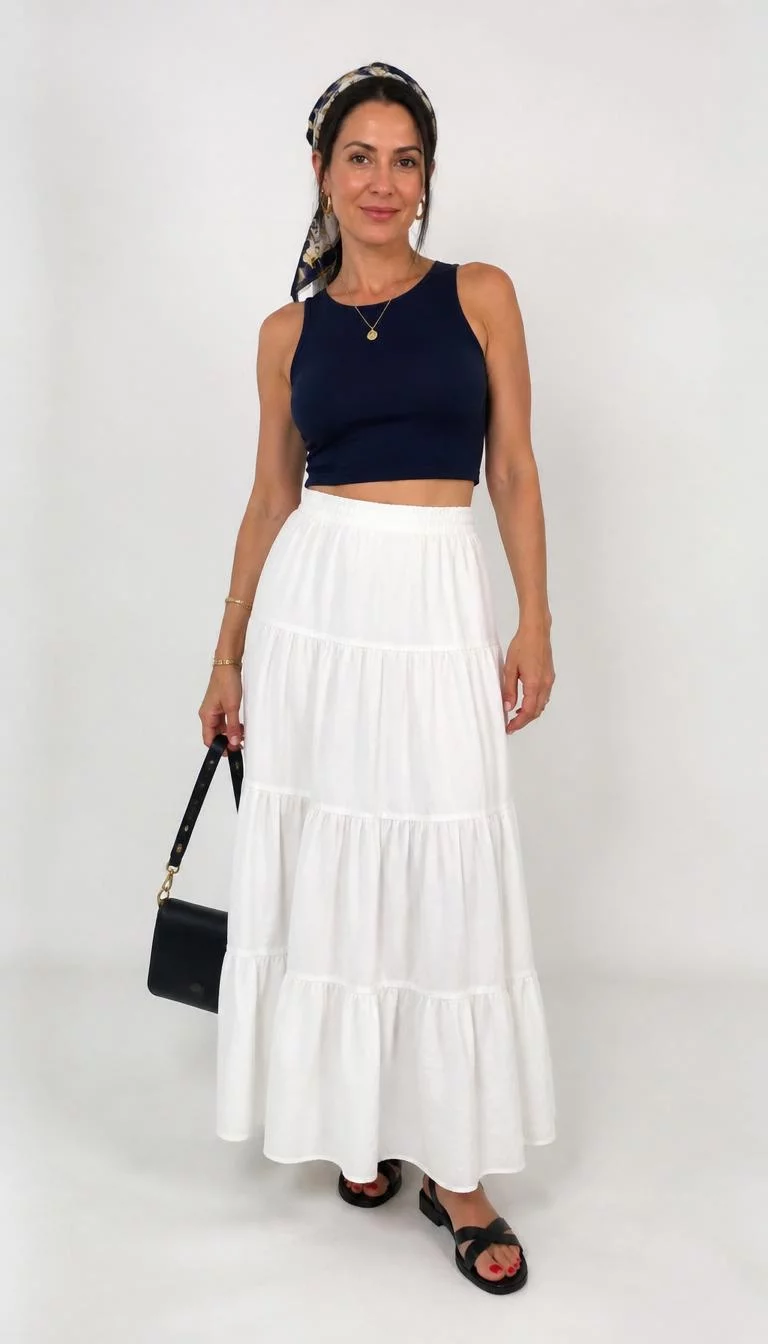 Navy Crop Top And White Tiered Maxi Skirt A photorealistic full body shot of a 40-year-old Eastern European woman with a oblong face, olive, rounded nose, thin arched eyebrows, and heart-shaped lips. Her face features widow's peak hairline, slightly flushed cheeks, and subtle natural facial asymmetry. She has downturned dark brown eyes, soft cheekbones, closed-mouth smile, relaxed. She is slim with dark brown hair styled with a silk hair scarf hair and is wearing a navy crop top, a white tiered maxi skirt, a silk hair scarf, gold jewelry, and a dark handbag, white background, no people in the background, high-quality mobile photography, shot on an iPhone 14.