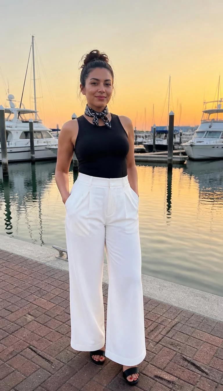 Black Tank Top And Wide Leg Pants With Neckerchief A photorealistic full body shot of a 33-year-old Latina woman with a pear-shaped face, dark brown, narrow nose, straight eyebrows, and wide lips. Her face features beauty mark near the lip, slightly flushed cheeks, and subtle natural facial asymmetry. She has almond-shaped amber eyes, high cheekbones, closed-mouth smile, playful. She is average build with brown hair in a messy bun hair and is wearing a black tank top with a chic neckerchief and white wide-leg pants, harbor at dusk with boats background, no people in the background, high-quality mobile photography, shot on an iPhone 14.