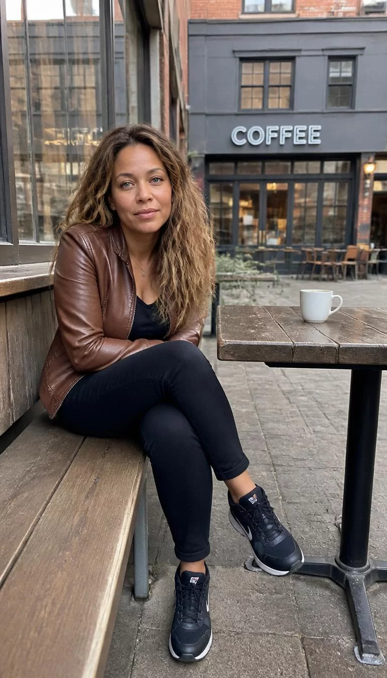 Leather Jacket and Athletic Sneakers A photorealistic full body shot of a 36-year-old Afro-Caribbean woman with a pear-shaped face, tan, upturned nose, feathered eyebrows, and wide lips. Her face features dimples, a few laugh lines, and subtle natural facial asymmetry. She has hooded blue eyes, soft cheekbones, neutral expression, relaxed. She is petite with voluminous, wavy light brown hair hair and is wearing a brown leather jacket, dark top, black pants, and athletic sneakers, sitting on a wooden bench at an urban outdoor cafe, no people in the background, high-quality mobile photography, shot on an iPhone 14.