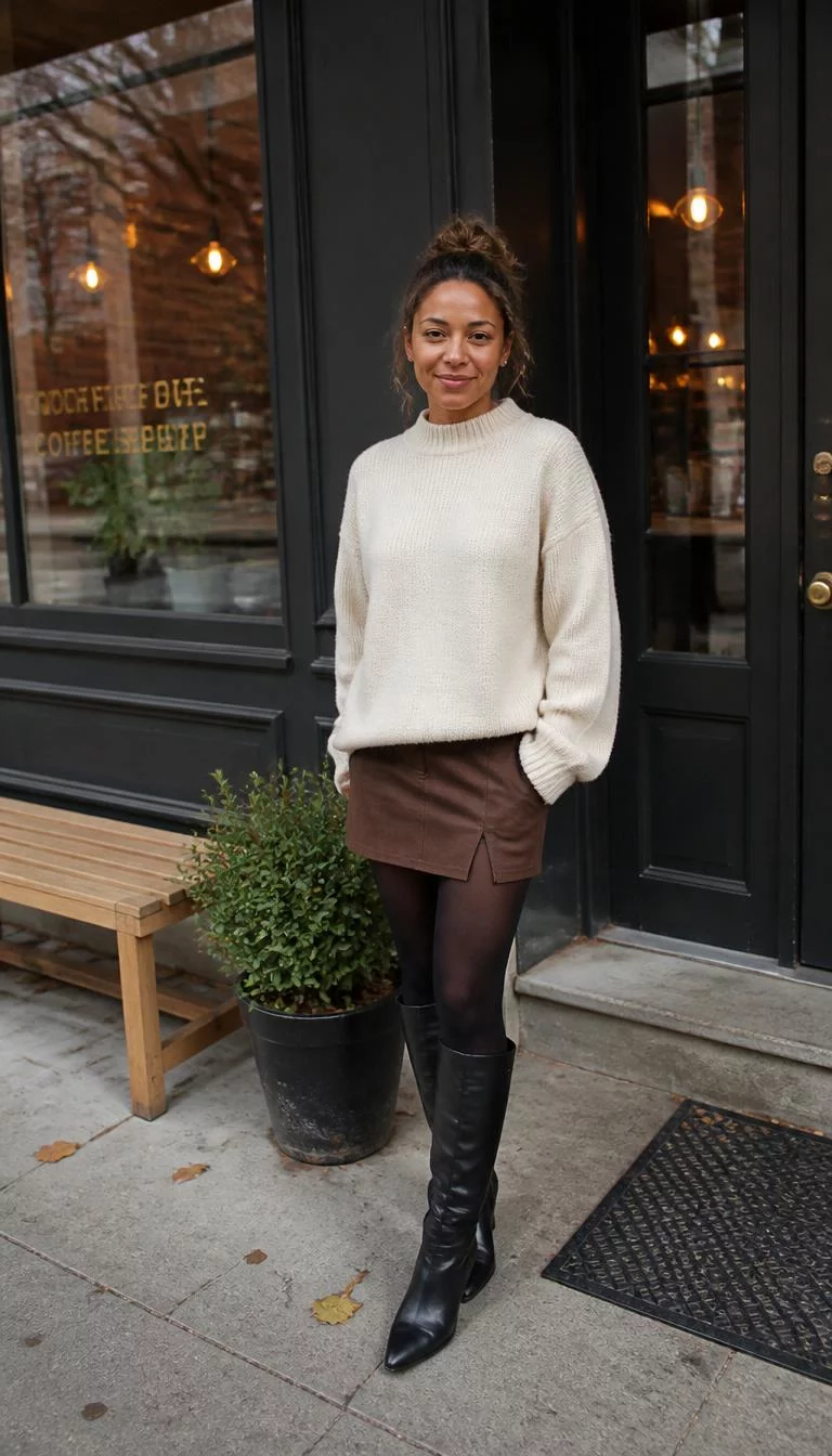 Cream Sweater and Brown Mini Skirt A photorealistic full body shot of a 37-year-old Mixed-race woman with a round face, deep brown, broad nose, thin arched eyebrows, and full lips. Her face features small scar on the eyebrow, a few laugh lines, and subtle natural facial asymmetry. She has hooded hazel eyes, rounded cheeks, subtle smile, relaxed. She is slim with brown hair in a loose bun and is wearing a cream sweater, brown mini skirt, black tights, and high boots, standing outside a cozy urban coffee shop setting, no people in the background, high-quality mobile photography, shot on an iPhone 14.