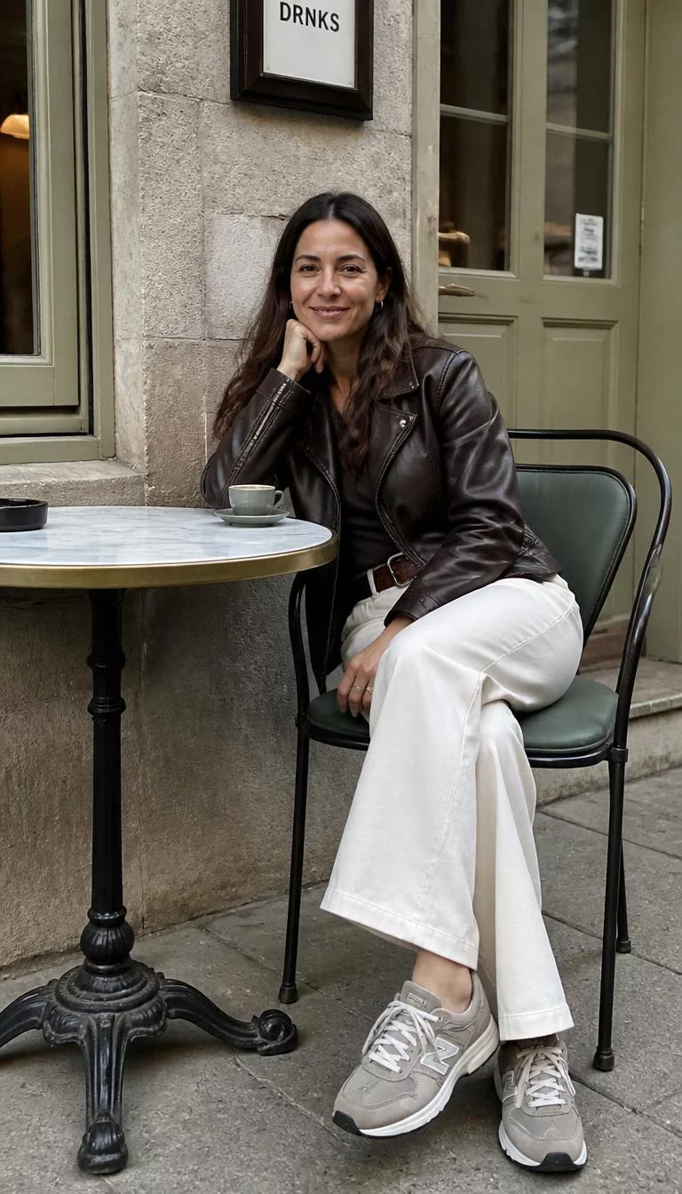 Brown Leather Jacket and Cream Trousers A photorealistic full body shot of a 40-year-old Southern European woman with a oblong face, dark brown, broad nose, thick natural eyebrows, and thin lips. Her face features widow's peak hairline, a few laugh lines, and subtle natural facial asymmetry. She has monolid green eyes, rounded cheeks, broad smile, thoughtful. She is petite with long dark brunette hair hair and is wearing a dark brown leather jacket over a matching top, cream trousers, a leather belt, and comfortable sneakers, sitting at an outdoor cafe, no people in the background, high-quality mobile photography, shot on an iPhone 14.