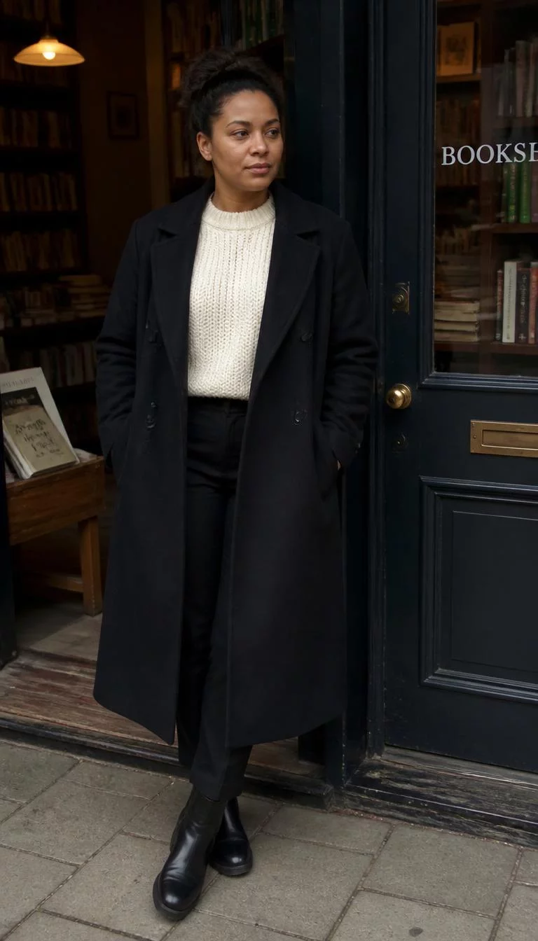 Knit Sweater and Black Trench Coat A photorealistic full body shot of a 36-year-old Afro-Caribbean woman with a square face, olive, rounded nose, feathered eyebrows, and wide lips. Her face features beauty mark near the lip, visible pores, and subtle natural facial asymmetry. She has hooded brown eyes, soft cheekbones, neutral expression, relaxed. She is average build with brunette hair in a messy bun hair and is wearing a cream knit sweater and a long black trench coat with black trousers and boots, at the door of a bookstore, no people in the background, high-quality mobile photography, shot on an iPhone 14.