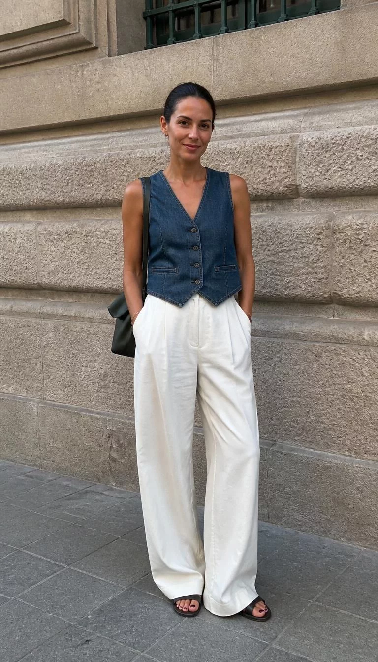 Denim Waistcoat and Wide Leg Trousers A photorealistic full body shot of a 36-year-old Eastern European woman with a oblong face, deep brown, broad nose, thin arched eyebrows, and thin lips. Her face features dimples, faint under-eye shadows, and subtle natural facial asymmetry. She has upturned dark brown eyes, high cheekbones, closed-mouth smile, cheerful. She is slim with dark hair in a sleek bun hair and is wearing a denim waistcoat, cream-colored wide-leg trousers, black sandals, and a dark shoulder bag, standing against a classic stone city wall, no people in the background, high-quality mobile photography, shot on an iPhone 14.