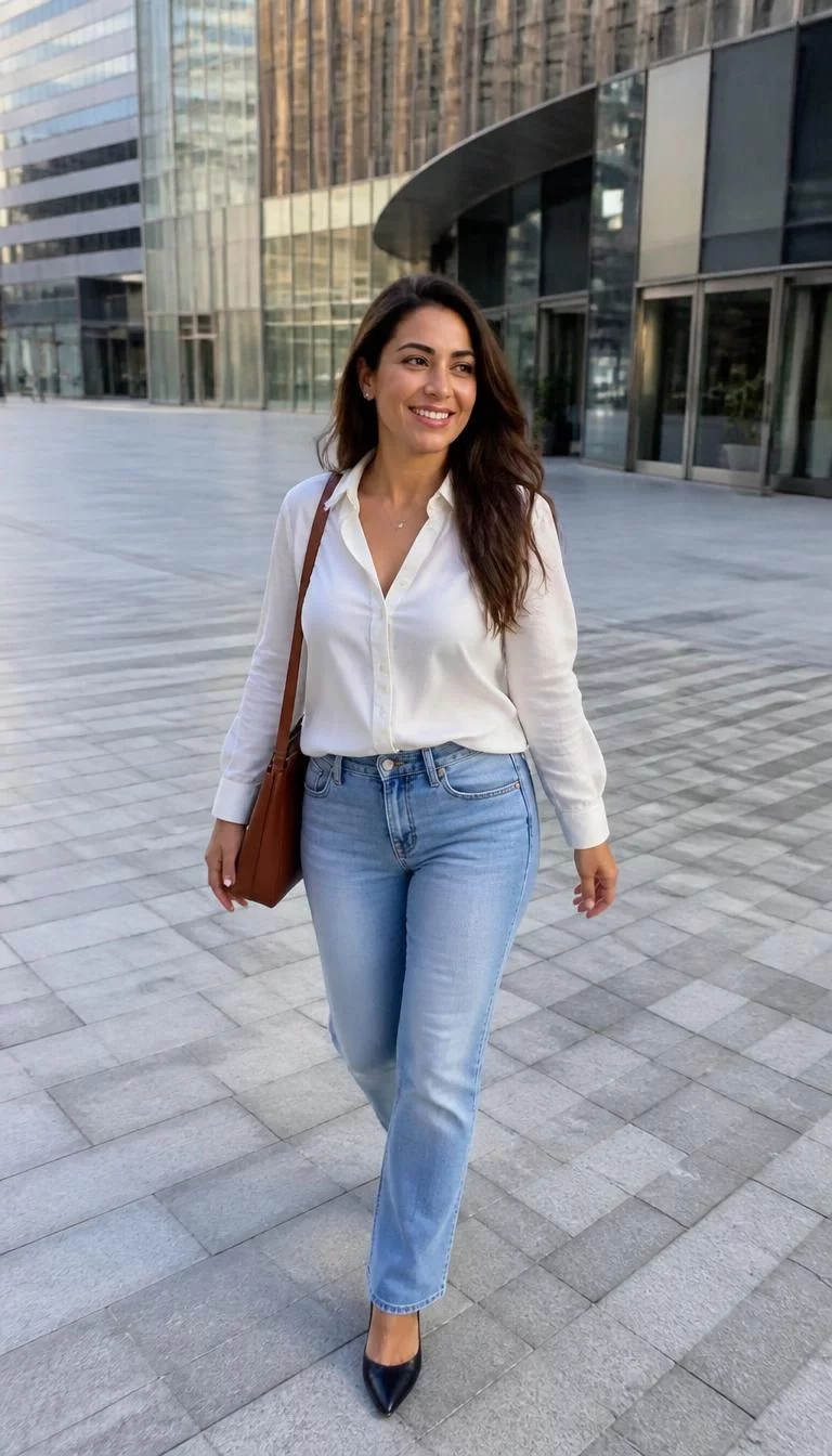 White Button Down and Kitten Heels A photorealistic full body shot of a 34-year-old Middle Eastern woman with a square face, tan, button nose, thick natural eyebrows, and wide lips. Her face features uneven eyebrows, subtle acne marks, and subtle natural facial asymmetry. She has round blue eyes, soft cheekbones, broad smile, cheerful. She is curvy build with long wavy brown hair hair and is wearing a white button-down shirt, blue jeans, and dark kitten heels, carrying a brown leather bag while walking through an urban city plaza, no people in the background, high-quality mobile photography, shot on an iPhone 14.