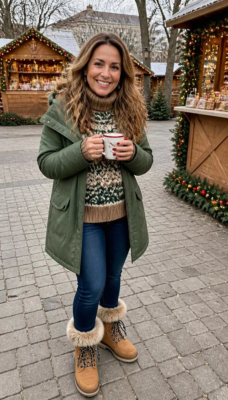 Green Coat and Furry Tan Boots A photorealistic full body shot of a 46-year-old Mediterranean woman with a diamond face, deep brown, upturned nose, thin arched eyebrows, and full lips. Her face features gap between front teeth, slightly flushed cheeks, and subtle natural facial asymmetry. She has round amber eyes, high cheekbones, subtle smile, cheerful. She is average build with long light brown, wavy hair hair and is wearing a green coat, patterned knit sweater, dark blue jeans, and furry tan boots, holding a mug at an outdoor Christmas market, no people in the background, high-quality mobile photography, shot on an iPhone 14.