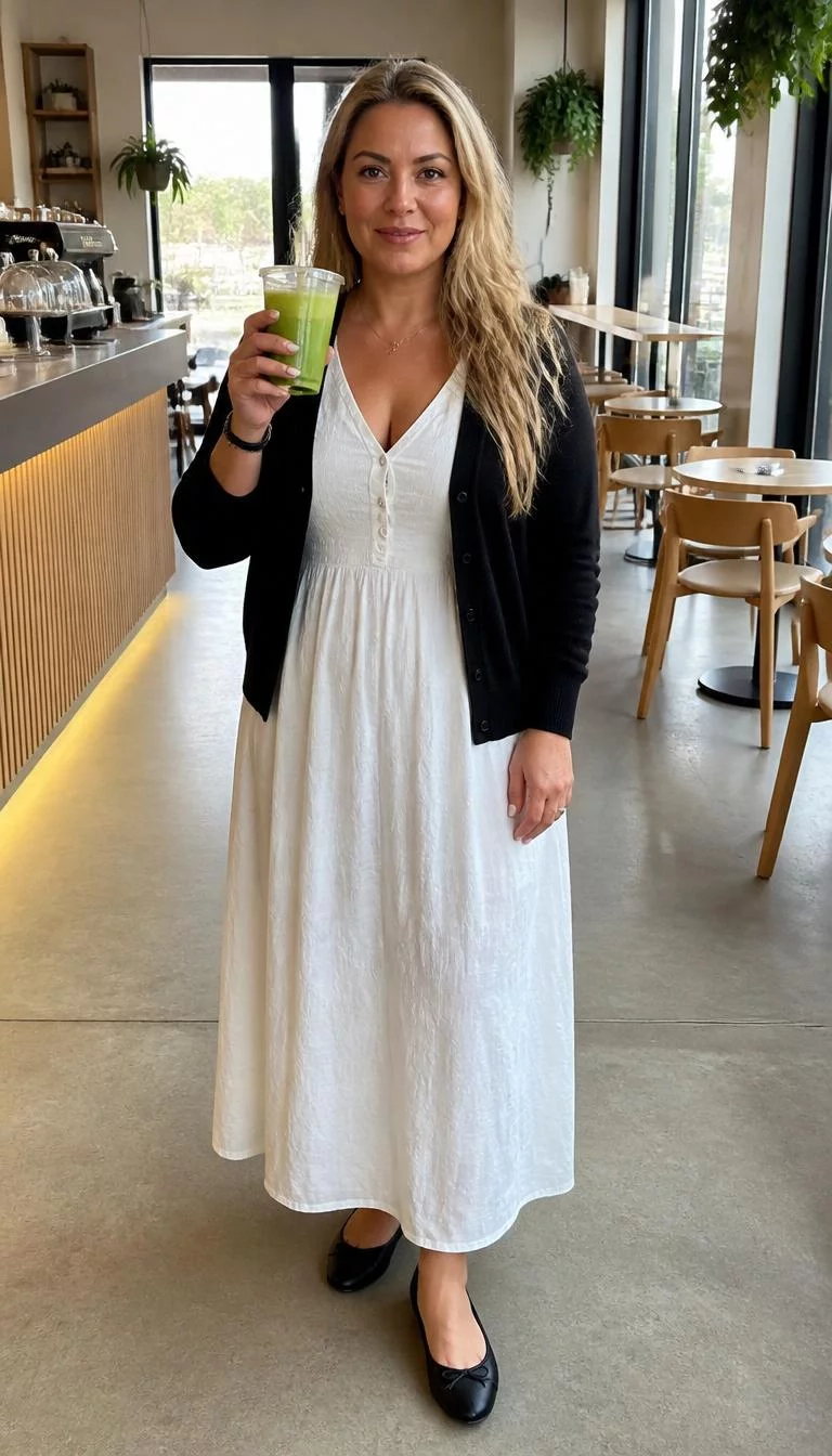 Black Cardigan and White Dress A photorealistic full body shot of a 46-year-old Eastern European woman with a pear-shaped face, deep brown, rounded nose, thick natural eyebrows, and wide lips. Her face features widow's peak hairline, a few laugh lines, and subtle natural facial asymmetry. She has downturned green eyes, high cheekbones, neutral expression, cheerful. She is curvy build with long blonde hair hair and is wearing a black cardigan over a long white dress, small black ballet flats, and holding a green beverage inside a modern, light-filled cafe space, no people in the background, high-quality mobile photography, shot on an iPhone 14.
