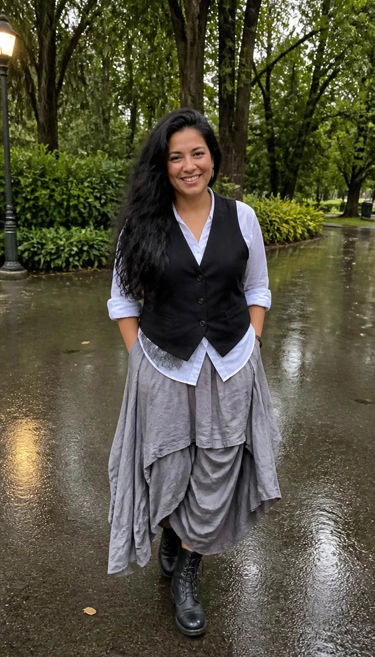 Black Vest and Flowing Grey Skirt A photorealistic full body shot of a 45-year-old Latina woman with a heart-shaped face, dark brown, broad nose, feathered eyebrows, and wide lips. Her face features widow's peak hairline, subtle acne marks, and subtle natural facial asymmetry. She has downturned blue eyes, soft cheekbones, broad smile, playful. She is athletic build with long, messy dark hair hair and is wearing a simple white shirt and black vest, with a long, flowing grey-toned skirt, city park, no people in the background, high-quality mobile photography, shot on an iPhone 14.