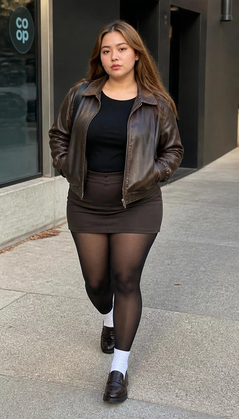 Brown Leather Jacket and Dark Mini Skirt A photorealistic full body shot of a 25-year-old Southeast Asian woman with a pear-shaped face, dark brown, broad nose, thick natural eyebrows, and heart-shaped lips. Her face features beauty mark near the lip, slightly flushed cheeks, and subtle natural facial asymmetry. She has round green eyes, soft cheekbones, neutral expression, relaxed. She is curvy build with light brown hair worn down, hair and is wearing a brown leather jacket, dark top, dark mini skirt, black stockings, white socks, and dark loafers, walking outdoors near buildings, no people in the background, high-quality mobile photography, shot on an iPhone 14.
