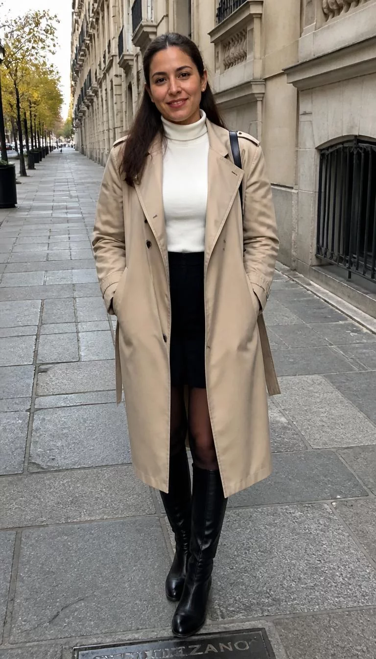 Beige Trench Coat and White Turtleneck A photorealistic full body shot of a 36-year-old Southern European woman with a round face, dark brown, button nose, softly curved eyebrows, and full lips. Her face features slightly crooked smile, subtle acne marks, and subtle natural facial asymmetry. She has round green eyes, soft cheekbones, closed-mouth smile, cheerful. She is slim with long brown hair pulled back partially, hair and is wearing a beige trench coat over a white turtleneck, a dark skirt, sheer black stockings, and high boots, located on a sidewalk, no people in the background, high-quality mobile photography, shot on an iPhone 14.