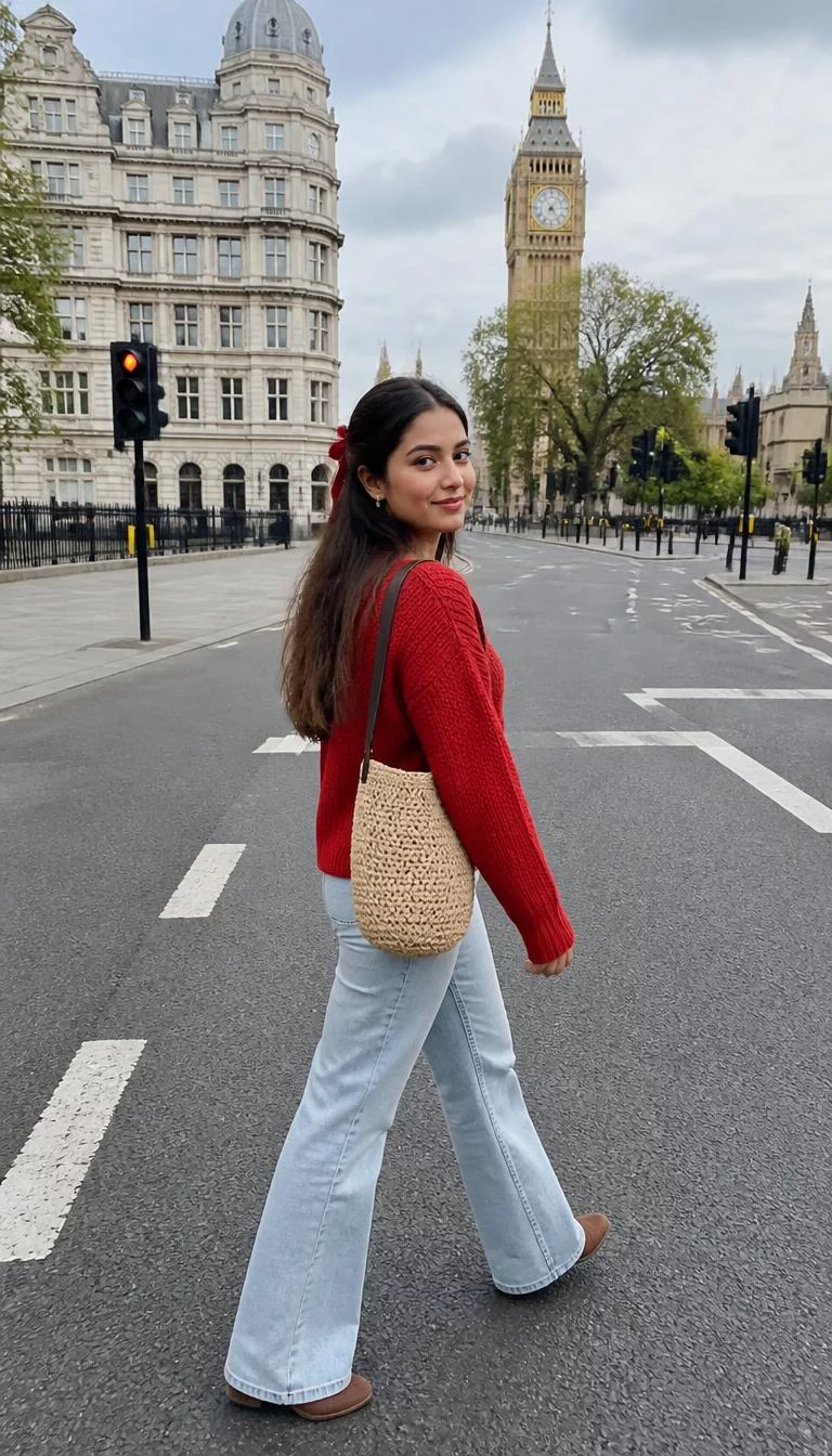 Red Sweater and Flared Jeans A photorealistic full body shot of a 25-year-old South Asian woman with a pear-shaped face, olive, rounded nose, straight eyebrows, and heart-shaped lips. Her face features faint freckles across the nose, visible pores, and subtle natural facial asymmetry. She has deep-set brown eyes, rounded cheeks, subtle smile, relaxed. She is petite with long brown hair with a hair ribbon hair and is wearing a red sweater, light blue flared jeans, and a woven bag, walking across a city street with landmarks visible, no people in the background, high-quality mobile photography, shot on an iPhone 14.