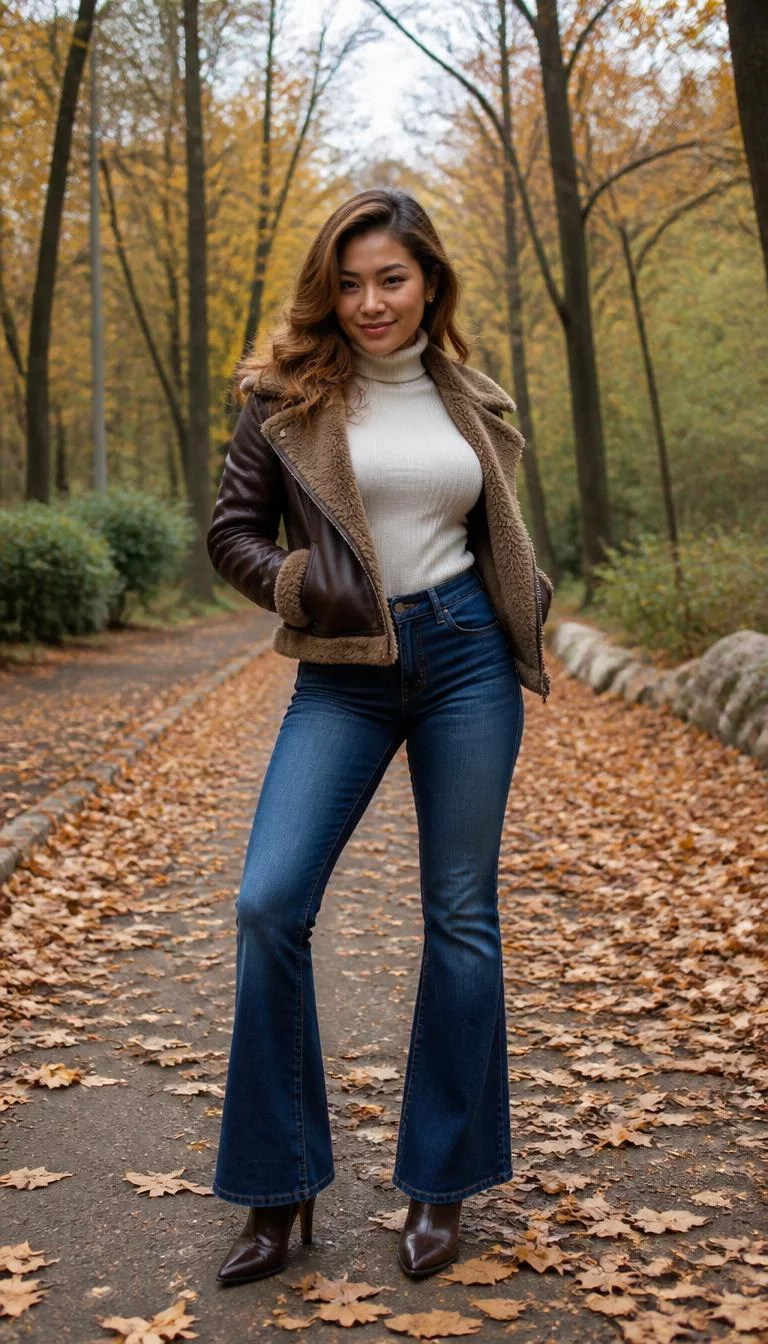 Fur Lined Leather Jacket and Flared Jeans A photorealistic full body shot of a 25-year-old Southeast Asian woman with a heart-shaped face, tan, narrow nose, feathered eyebrows, and full lips. Her face features small scar on the eyebrow, a few laugh lines, and subtle natural facial asymmetry. She has downturned brown eyes, soft cheekbones, subtle smile, playful. She is curvy build with wavy light brown hair hair and is wearing a cream turtleneck under a brown leather jacket with fur lining, blue flared jeans, and high-heeled boots, in an autumn park setting, no people in the background, high-quality mobile photography, shot on an iPhone 14.