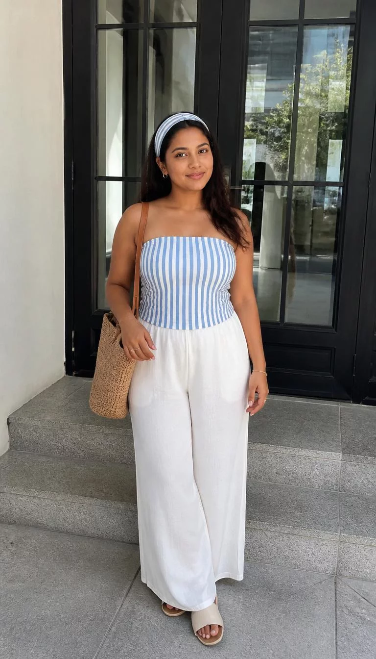 A photorealistic full body shot of a 23-year-old South Asian woman with a diamond face, tan, upturned nose, thick natural eyebrows, and thin lips. Her face features slightly crooked smile, light freckles, and subtle natural facial asymmetry. She has round dark brown eyes, high cheekbones, broad smile, confident. She is curvy build with dark brown long hair and is wearing a light blue striped headband and matching striped tube top, white flowy pants, slide sandals, she carries a woven bag, no people in the background, high-quality mobile photography, shot on an iPhone 14.