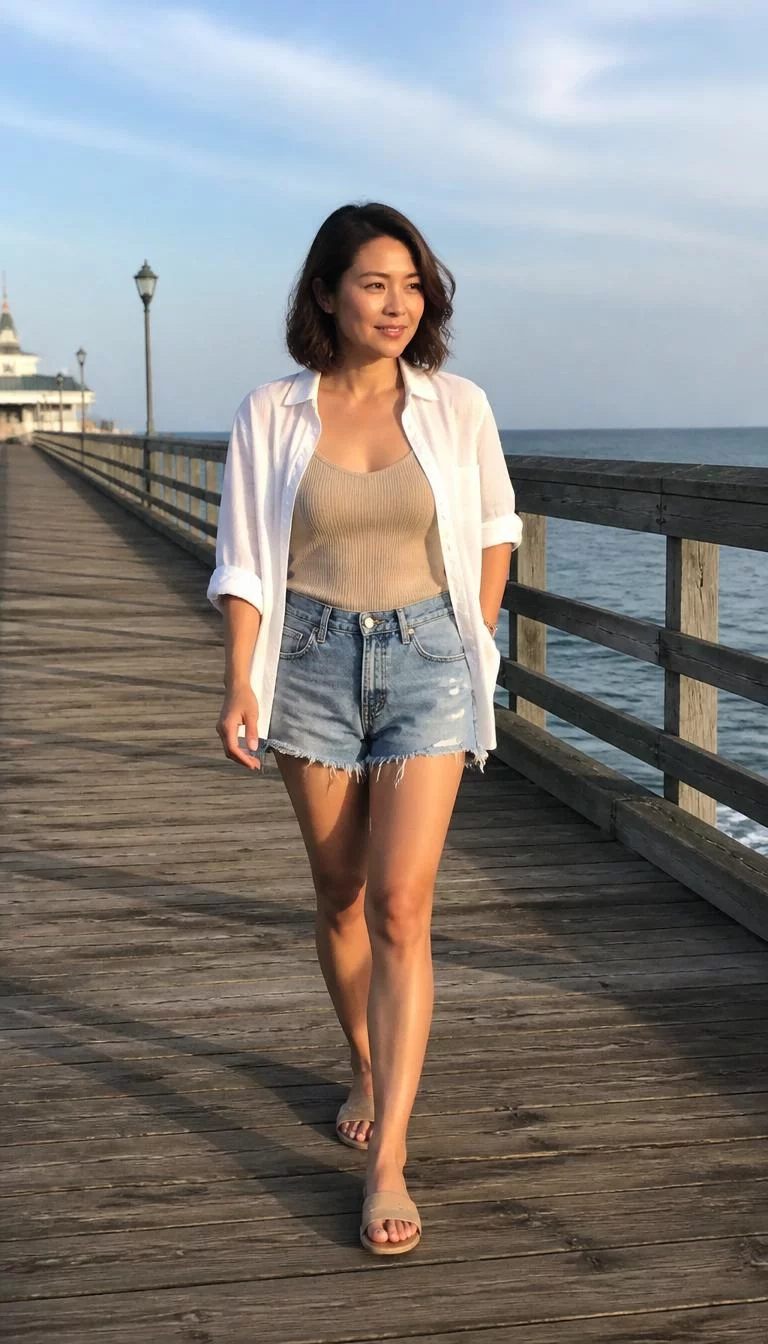 A photorealistic full body shot of a 36-year-old East Asian woman with a square face, deep brown, broad nose, straight eyebrows, and wide lips. Her face features faint freckles across the nose, slightly flushed cheeks, and subtle natural facial asymmetry. She has upturned green eyes, rounded cheeks, subtle smile, relaxed. She is slim with brunette hair in a wavy bob hair and is wearing a white button-down over a beige tank top, denim cut-offs, and slides, walking down a sunlit wooden pier, no people in the background, high-quality mobile photography, shot on an iPhone 14.