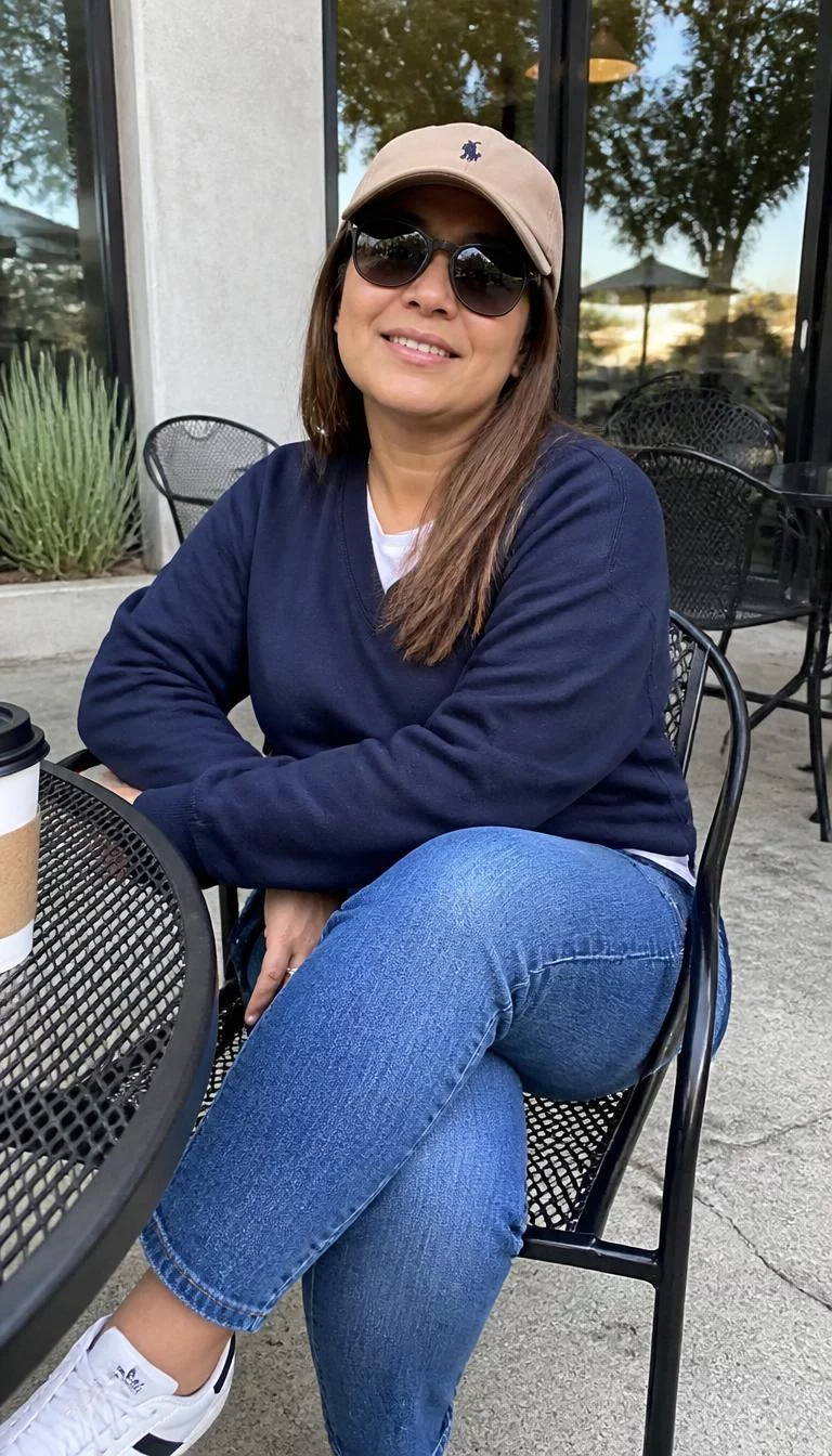 A photorealistic full body shot of a 44-year-old Latina woman with a square face, golden brown, straight nose, thin arched eyebrows, and full lips. Her face features faint freckles across the nose, faint under-eye shadows, and subtle natural facial asymmetry. She has upturned blue eyes, soft cheekbones, broad smile, playful. She is petite with brown hair hair and is wearing a tan baseball cap, sunglasses, and a navy blue sweatshirt over a white tee, sits at an outdoor cafe with blue jeans, no people in the background, high-quality mobile photography, shot on an iPhone 14.