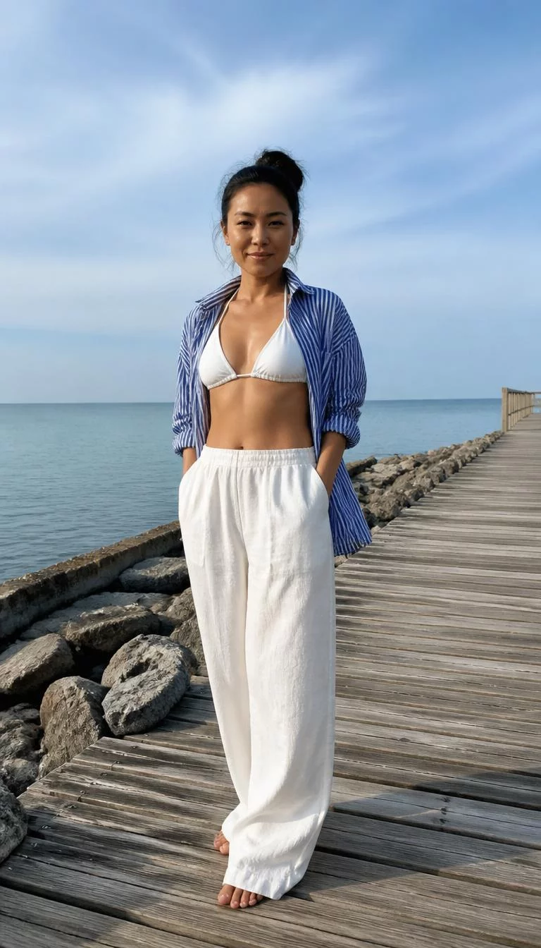 Blue Striped Shirt and White Wide-Leg Trousers A photorealistic full body shot of a 35-year-old East Asian woman with a diamond face, tan, upturned nose, straight eyebrows, and heart-shaped lips. Her face features widow's peak hairline, a few laugh lines, and subtle natural facial asymmetry. She has monolid hazel eyes, rounded cheeks, neutral expression, playful. She is average build with dark hair in a messy bun and is wearing a white bikini top under an unbuttoned blue striped shirt with white wide-leg trousers, on a seaside wooden boardwalk, no people in the background, high-quality mobile photography, shot on an iPhone 14.