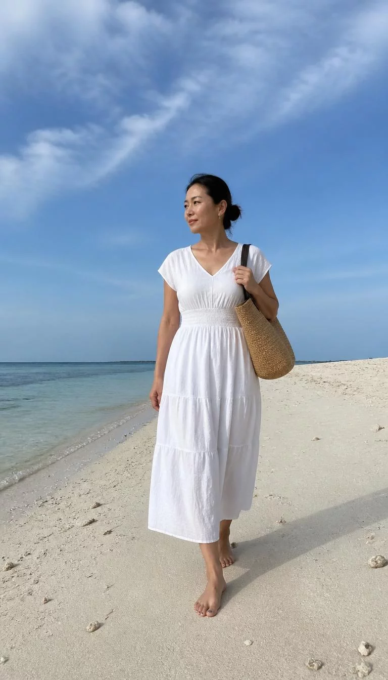 White Midi Dress and Woven Bag A photorealistic full body shot of a 46-year-old East Asian woman with a oval face, dark brown, upturned nose, thin arched eyebrows, and heart-shaped lips. Her face features faint freckles across the nose, subtle acne marks, and subtle natural facial asymmetry. She has monolid gray eyes, soft cheekbones, neutral expression, confident. She is petite with light-brown hair in a low bun and is wearing a simple white midi dress and she carries a woven bag, walking on a bright, sandy beach, no people in the background, high-quality mobile photography, shot on an iPhone 14.