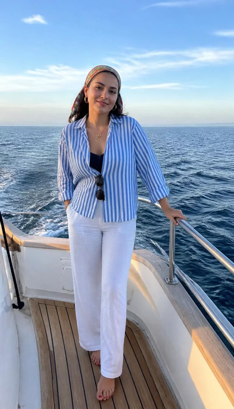 Pinstriped Shirt and White Trousers on a Boat A photorealistic full body shot of a 33-year-old Latina woman with a heart-shaped face, fair, rounded nose, straight eyebrows, and heart-shaped lips. Her face features faint freckles across the nose, light freckles, and subtle natural facial asymmetry. She has hooded blue eyes, rounded cheeks, subtle smile, cheerful. She is slim with dark hair and is wearing a blue and white pinstriped button-down shirt over a dark top, with white trousers and a colorful headscarf and gold jewelry, on a boat, no people in the background, high-quality mobile photography, shot on an iPhone 14.