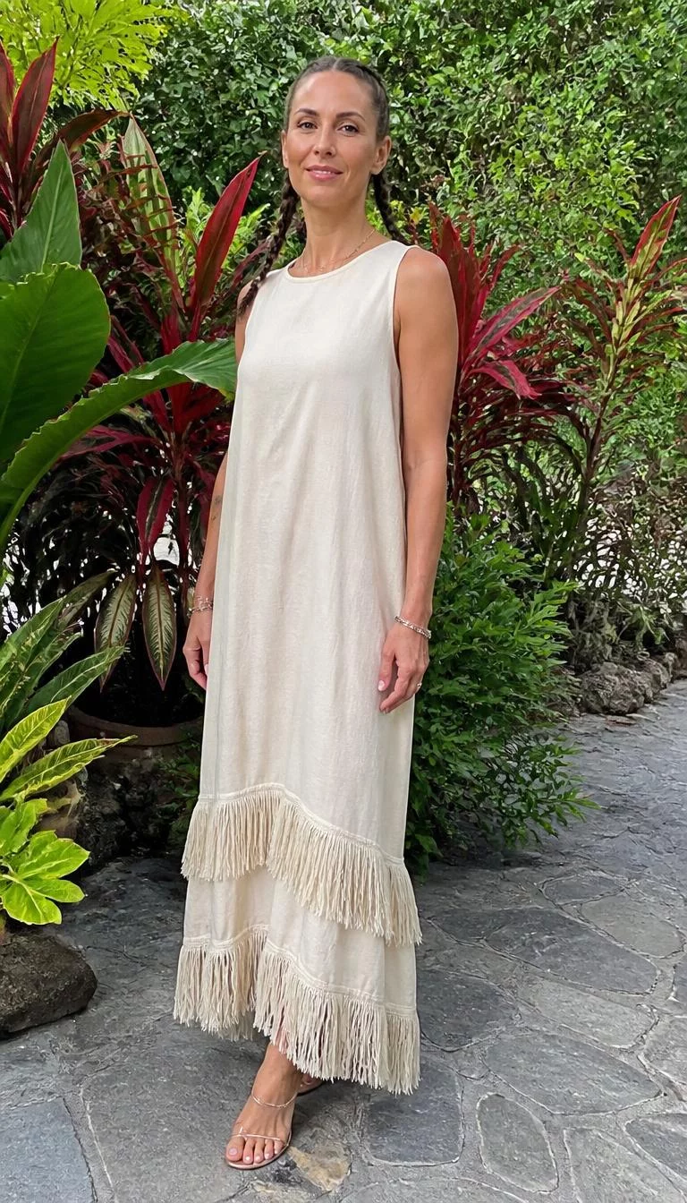 Cream Maxi Dress with Fringe Detail A photorealistic full body shot of a 42-year-old Northern European woman with a diamond face, golden brown, upturned nose, thick natural eyebrows, and thin lips. Her face features faint freckles across the nose, visible pores, and subtle natural facial asymmetry. She has upturned blue eyes, soft cheekbones, closed-mouth smile, cheerful. She is slim with dark hair pulled back into neat braids and is wearing a sleeveless cream-colored maxi dress with tiered fringe detailing at the hem, in a lush tropical garden, no people in the background, high-quality mobile photography, shot on an iPhone 14.
