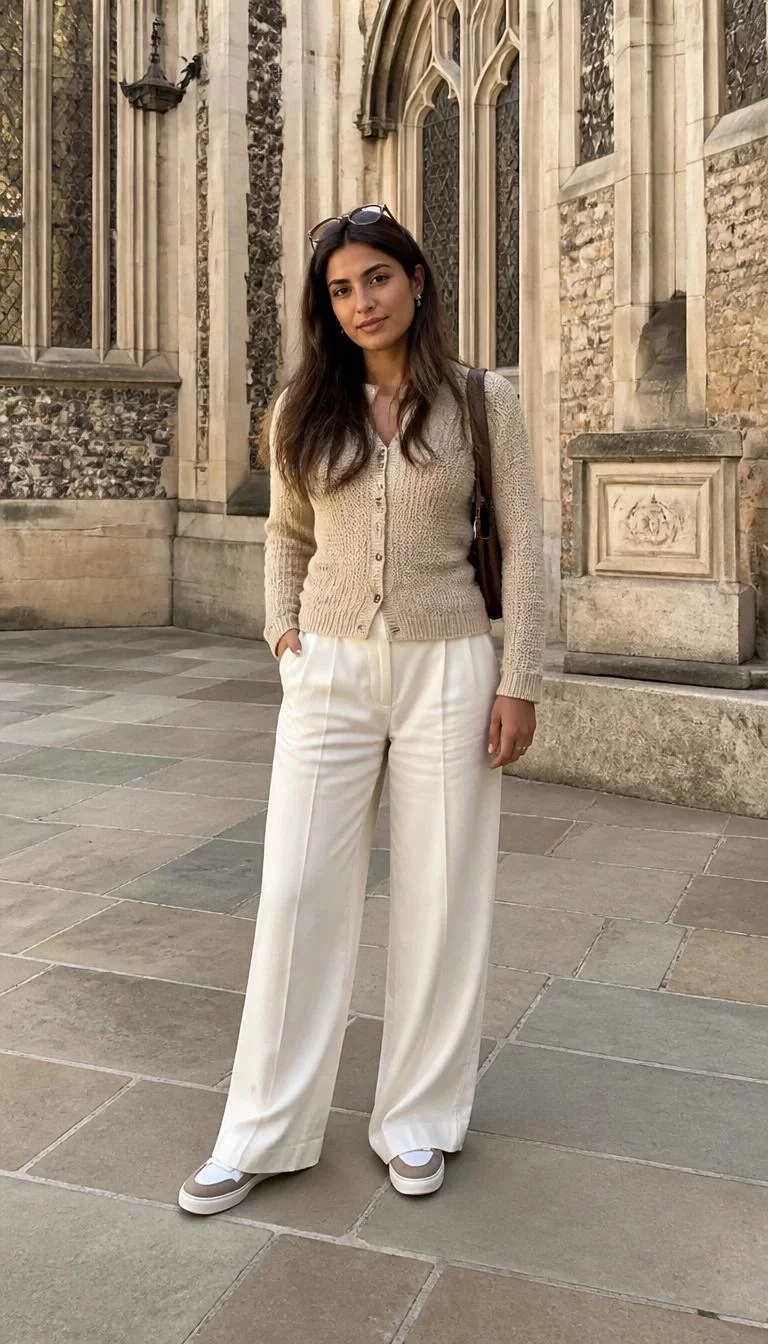 A photorealistic full body shot of a 26-year-old Middle Eastern woman with a square face, golden brown, narrow nose, straight eyebrows, and full lips. Her face features slightly crooked smile, light freckles, and subtle natural facial asymmetry. She has almond-shaped hazel eyes, rounded cheeks, neutral expression, cheerful. She is slim with brown long hair and sunglasses and is wearing a textured beige sweater cardigan and white wide-leg trousers, standing in a historic stone courtyard with cathedral architecture, no people in the background, high-quality mobile photography, shot on an iPhone 14.
