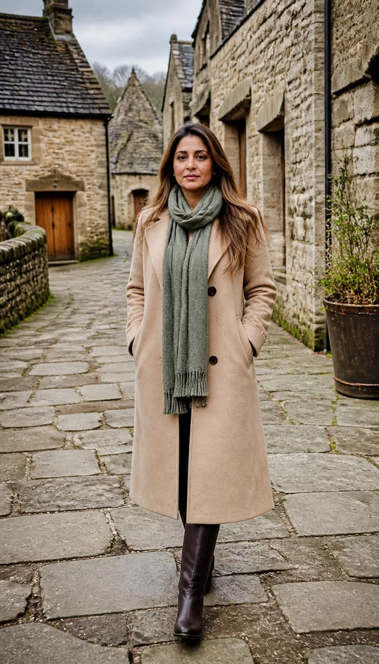 A photorealistic full body shot of a 47-year-old South Asian woman with a diamond face, light, button nose, thick natural eyebrows, and thin lips. Her face features widow's peak hairline, slightly flushed cheeks, and subtle natural facial asymmetry. She has deep-set blue eyes, rounded cheeks, neutral expression, thoughtful. She is petite with highlighted long hair and is wearing a long beige trench coat and a sage green wool scarf, on a rustic stone path in a charming village with historic architecture, no people in the background, high-quality mobile photography, shot on an iPhone 14.