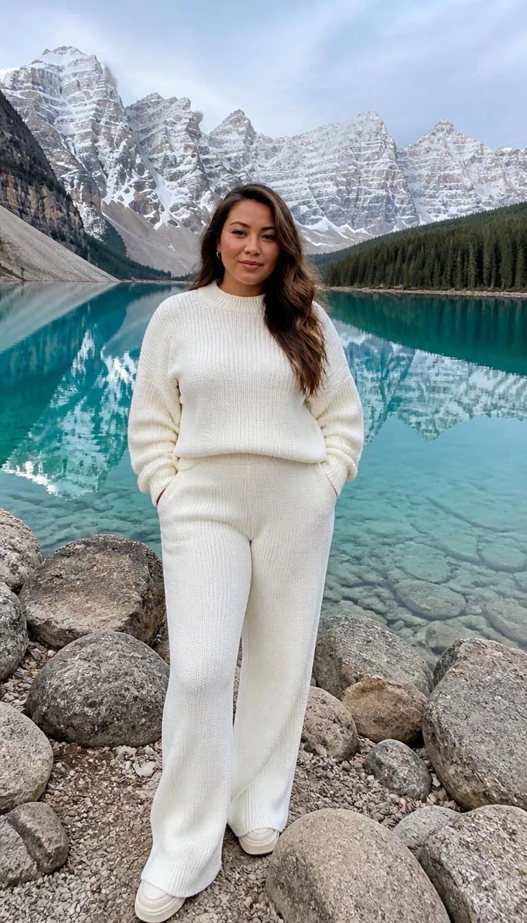 A photorealistic full body shot of a 31-year-old Mixed-race woman with a heart-shaped face, light, button nose, straight eyebrows, and heart-shaped lips. Her face features uneven eyebrows, a few laugh lines, and subtle natural facial asymmetry. She has monolid brown eyes, rounded cheeks, neutral expression, relaxed. She is curvy build with brown long wavy hair and is wearing a all-white knit sweater set including a ribbed pullover and matching knit trousers, pristine turquoise alpine lake with dramatic snow-capped mountain peaks in the background, no people in the background, high-quality mobile photography, shot on an iPhone 14.